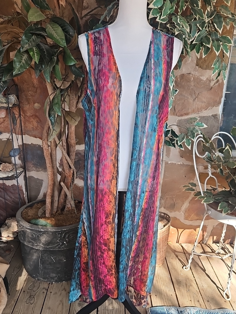 Crazy Train Vibrant Multicolor Striped Duster Vest - Teal, Pink, Orange